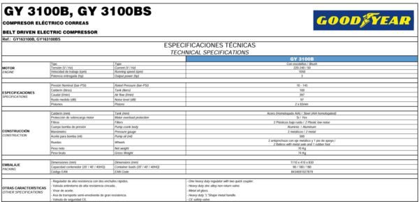 FICHA TECNICA COMPRESOR ELECTRICO GY163100B